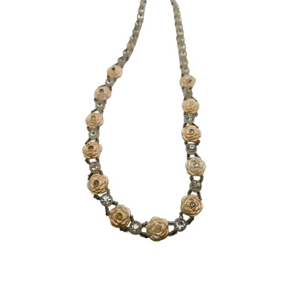 Art Deco Beaded Glass & Celluloid Flower Necklace (A8101) - Picture 2 of 5